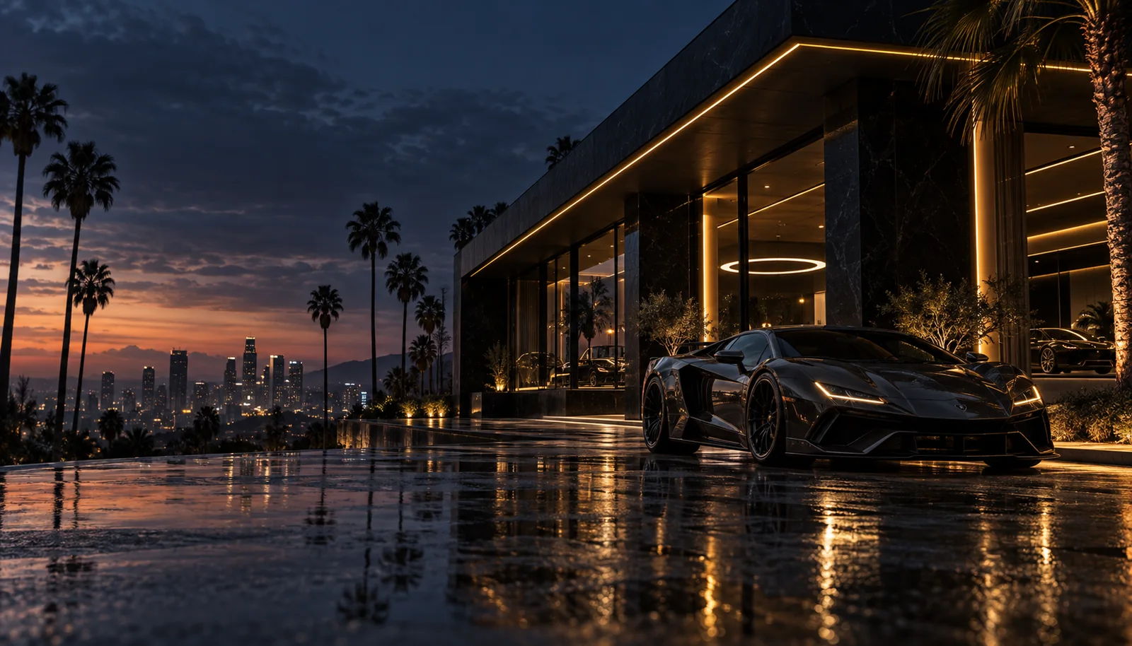 A gold-lit Rotto Mind showroom on a palm-lined city street at dusk
